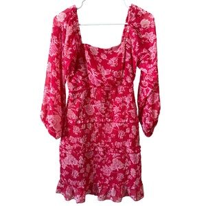 Hot Pink Floral Smocked Mini Dress Puff Sleeve Cottagecore Romantic Size S